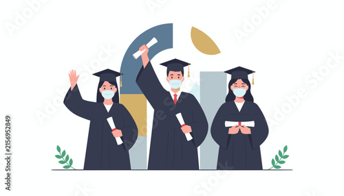 Group of graduate students in black academic gowns and caps wear face masks while proudly holding their diplomas.
