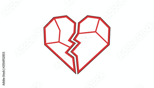 Broken heart in geometric line art style depicts pain of heartbreak sadness and separation on a plain white background.