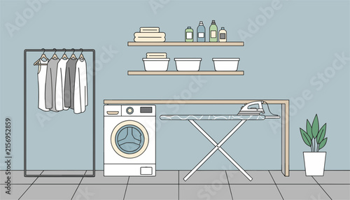 Domestic laundry room interior features a washing machine ironing board clothes rack and shelves stocked with detergents.