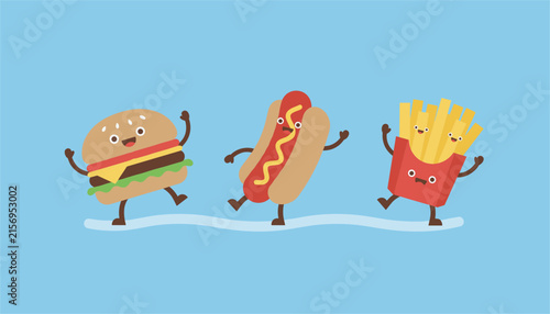 Happy fast food characters including a hamburger hot dog and french fries dance joyfully against a blue background.