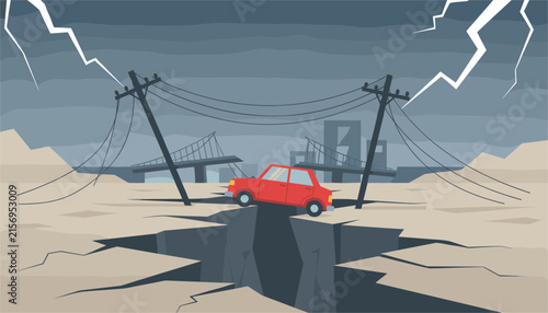 Disaster scene of an earthquake shows a red car stranded on a heavily cracked road near broken bridge and power lines.