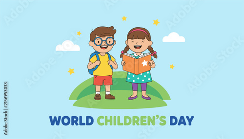 Happy World Childrens Day illustration featuring a young boy with backpack and girl reading a book on green hills.