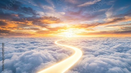 A bright sun rises above a vast expanse of fluffy white clouds, creating a winding path of light through the sky. The path appears to lead towards the sun, symbolizing a journey or a hopeful future.