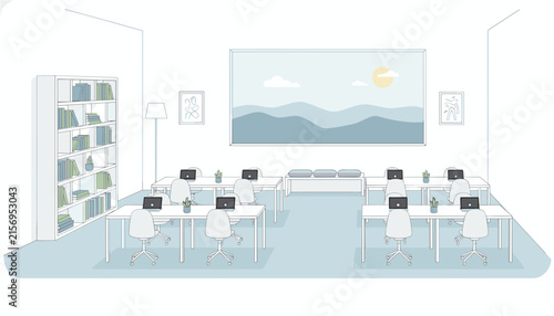 Minimalist interior of a modern educational classroom or co working office with desks laptops chairs and a bookshelf.