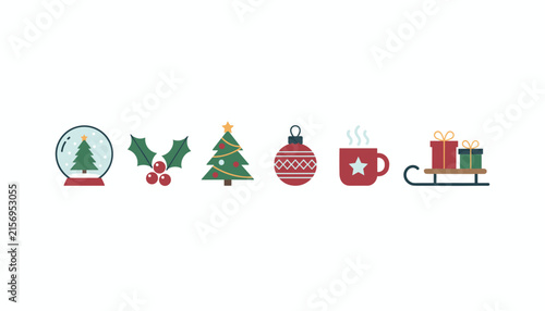 Collection of minimalist flat Christmas icons including a snow globe holly berry decorated tree ornament mug and sleigh.