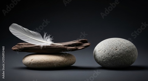 A minimalist composition of a balance scale made from driftwood and stones featuring a soft white feather counterbalanced by a heavy rock