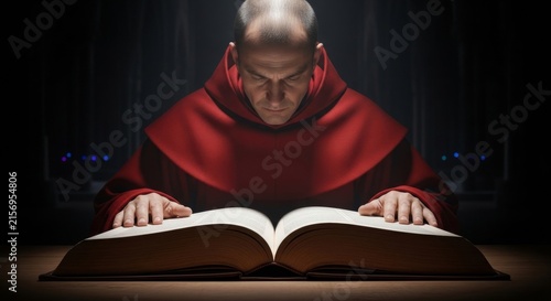 Detailed medium shot of a monk in prayerful study with sharp lighting on a massive scriptural volume in a dark hall
