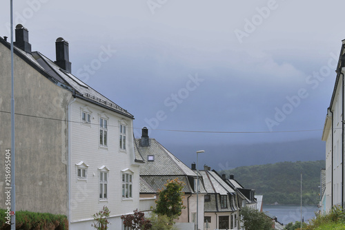 Alesund city roofs, ocean bay and surrounding mountains, Norway. Scandinavian cityscape with traditional coastal houses.