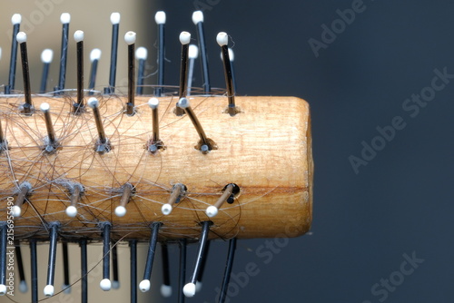 Cuadro en lienzo Wooden hairbrush bristles with pin tips in macro view