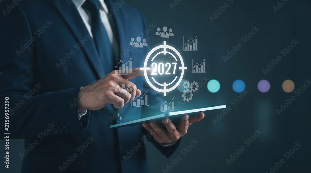 Obraz premium A business professional is examining a digital screen showing concepts of future technology and detailed data analysis