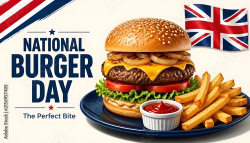 Juicy burger with fries on national burger day plate