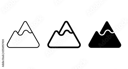 Minimalist Mountain Icons, Simple Peak Graphics, Outline and Solid Shapes for Outdoor Adventure