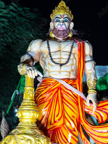 Handmade colorful wooden idol of hindu god hanuman for home decoration and worship. Interior decoration.