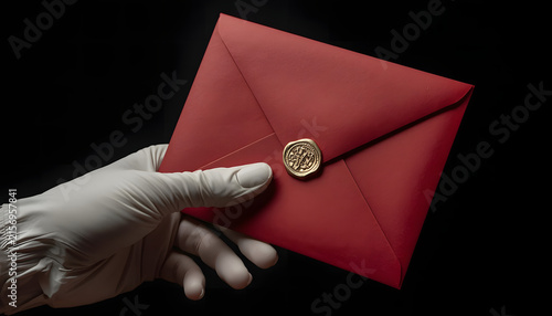 Gloved hand holding red envelope with gold seal