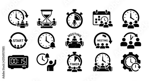 Time Management Icons Set, Business Meeting & Schedule Vector Graphics, Clock & Timer Symbols
