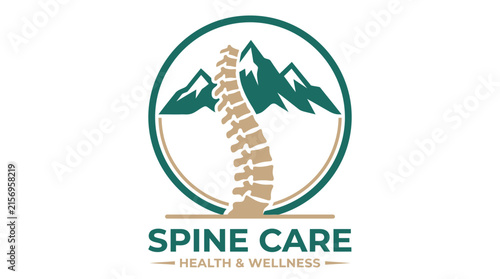 Professional chiropractic healthcare logo featuring a human spine silhouette over green mountain peaks for wellness therapy branding
