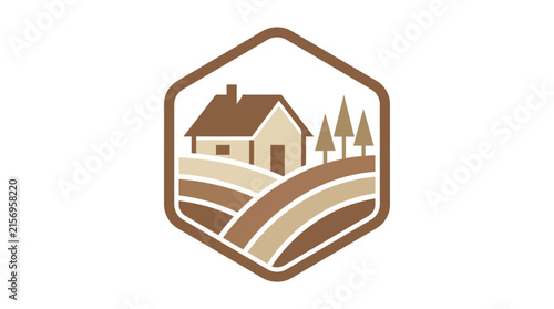 Minimalist rural countryside illustration featuring a cozy home and farmland within a hexagonal badge
