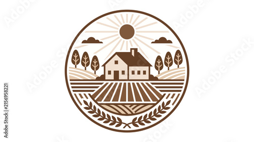 Minimalist Rural Farmstead Emblem Featuring Cultivated Fields and Sun Rays in a Circular Monochromatic Vector Style Design