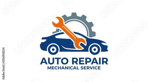 Professional auto repair logo template featuring a blue car silhouette with an orange wrench and gear