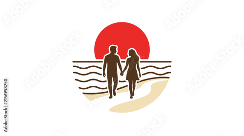 Couple holding hands walking on a tropical beach at sunset for romantic vacation travel logo design