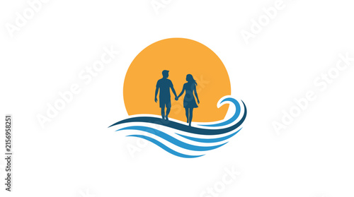 Romantic couple walking hand in hand on waves at sunset vector logo