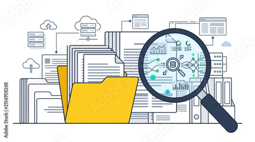 Document management and data analysis concept with file folder and magnifying glass searching through database