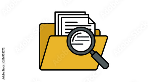 Folder icon with documents and magnifying glass representing search and data management