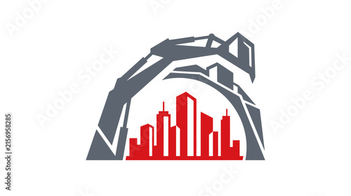 Modern Construction and Urban Development Logo Concept Featuring an Excavator Arm Arched Over a Stylized City Skyline