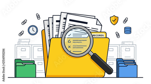 Folder search and document analysis concept with magnifying glass and filing cabinet background