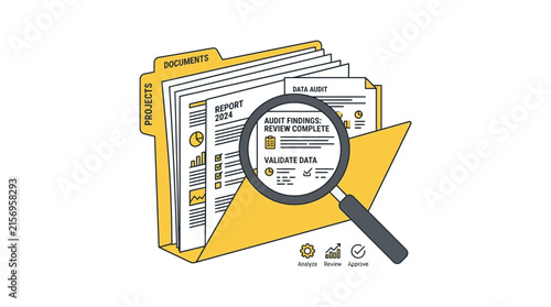 Business Document Audit and Financial Data Inspection Concept Illustration with Folder and Magnifying Glass