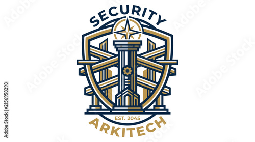 Security and architecture emblem logo design with shield and pillar
