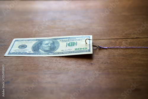One hundred dollar bill on fishing hook