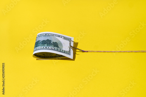 Hundred dollar bill on fishing hook