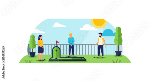 Friends Playing Miniature Golf Outdoors Vector Illustration