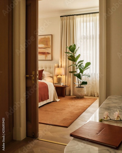 Interior design of a cozy bedroom with warm lighting and plants