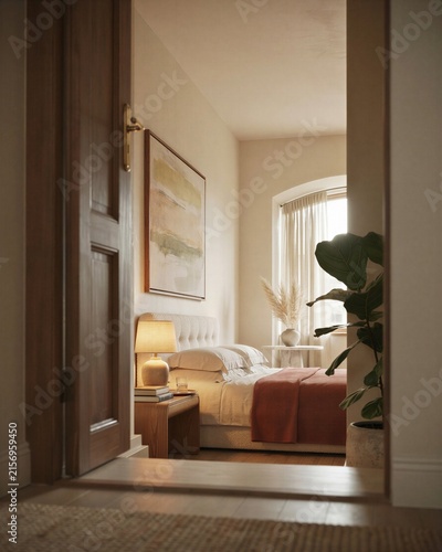 Cozy bedroom interior with a serene atmosphere and warm colors