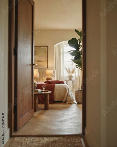 Cozy bedroom interior with warm light and stylish decor visible through an open door