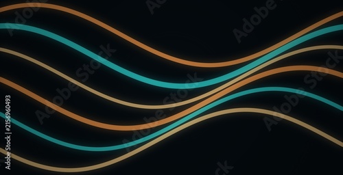 Abstract of flowing teal and gold wavy stripes on black background, texture pattern