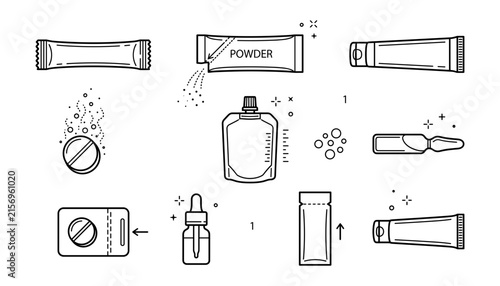 Medical packaging icons vector set with pill blister stick pack powder sachet tube dropper bottle ampoule and medicine gel