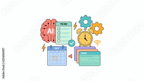 Artificial intelligence productivity concept vector, AI time management and task planning illustration, smart scheduling workflow elements