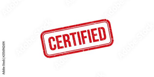 Certified stamp red rectangle with grunge texture and text on transparent background for approval.