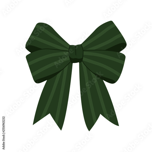Green striped ribbon bow festive gift wrap decor vector isolated on white