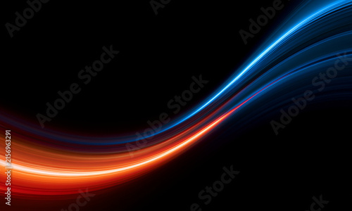 Foto Curved streams of luminous color form a dynamic abstract road disappearing into darkness