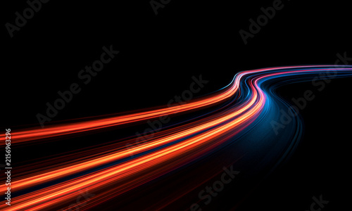 Fotografie Futuristic glowing lines twist across a dark surface, creating the impression of a fast digital highway