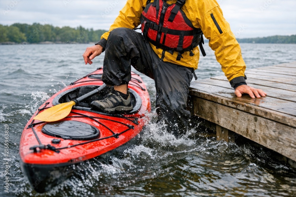 Obraz premium A person paddling on a bright red kayak, wearing a yellow jacket and enjoying the outdoors