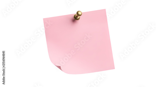 Pink sticky note paper with brass thumbtack, reminder memo, office stationery, message board.