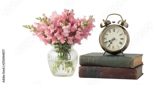 Pink snapdragons in glass vase beside vintage alarm clock and books for desktop background.
