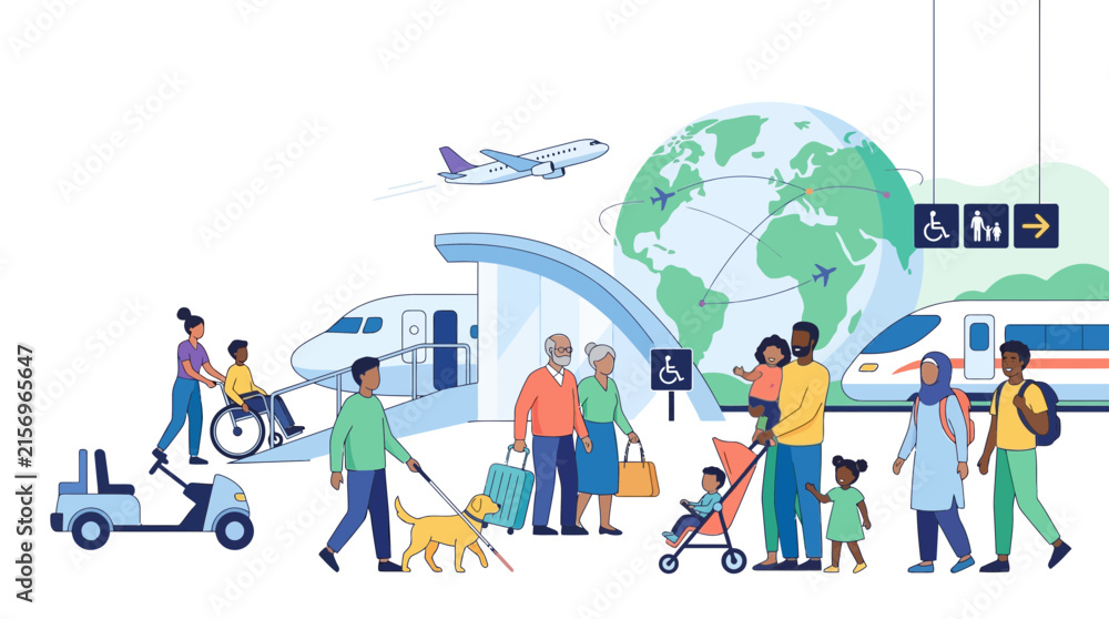 Naklejka premium Accessible global travel and inclusive public transportation for diverse people, seniors, and passengers with disabilities