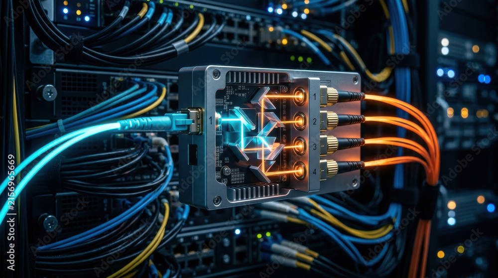 Fototapeta premium Fiber optic network transceiver module with glowing cables in data center server room