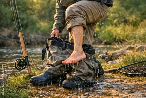 A person wading in the water with a fishing rod, perfect for outdoor and nature-themed projects